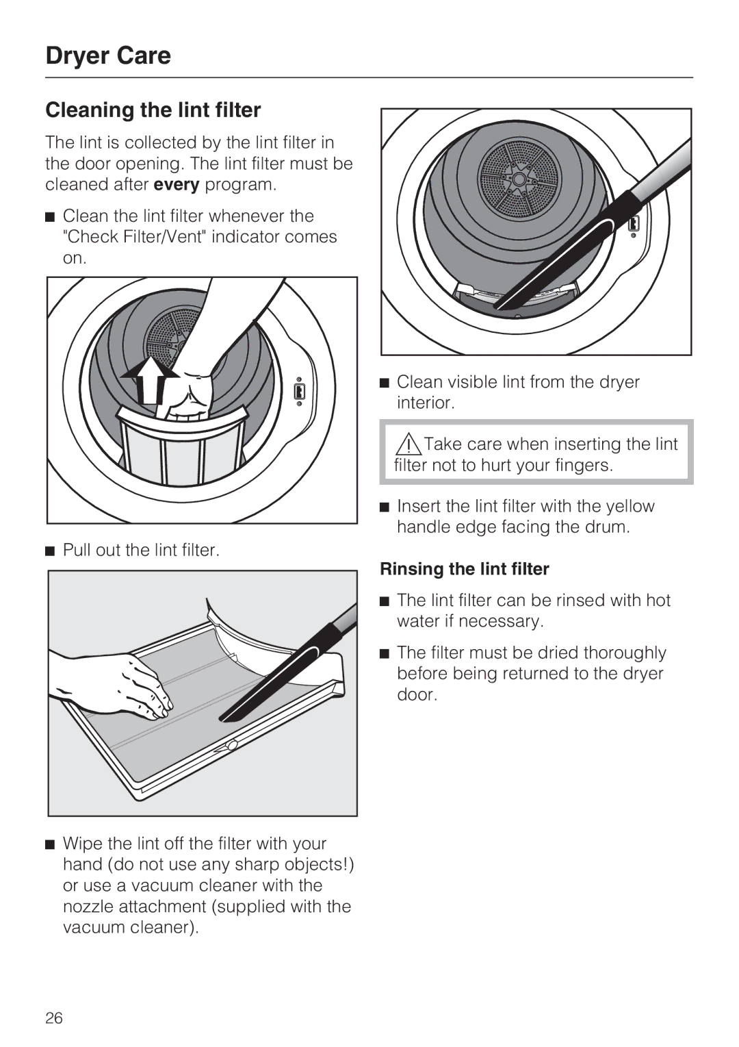 Miele T 9822 operating instructions Dryer Care, Cleaning the lint filter, Rinsing the lint filter 