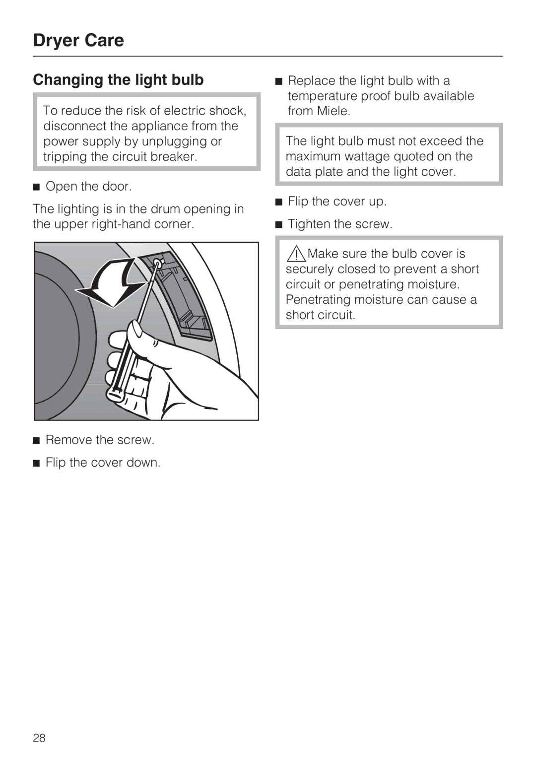 Miele T 9822 operating instructions Changing the light bulb 