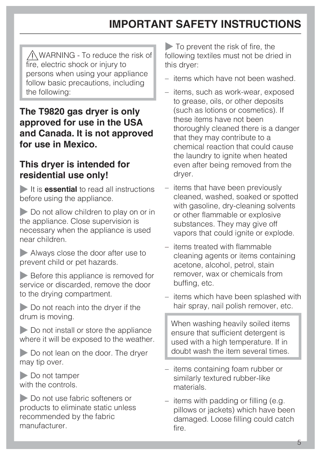 Miele T 9822 operating instructions Important Safety Instructions 