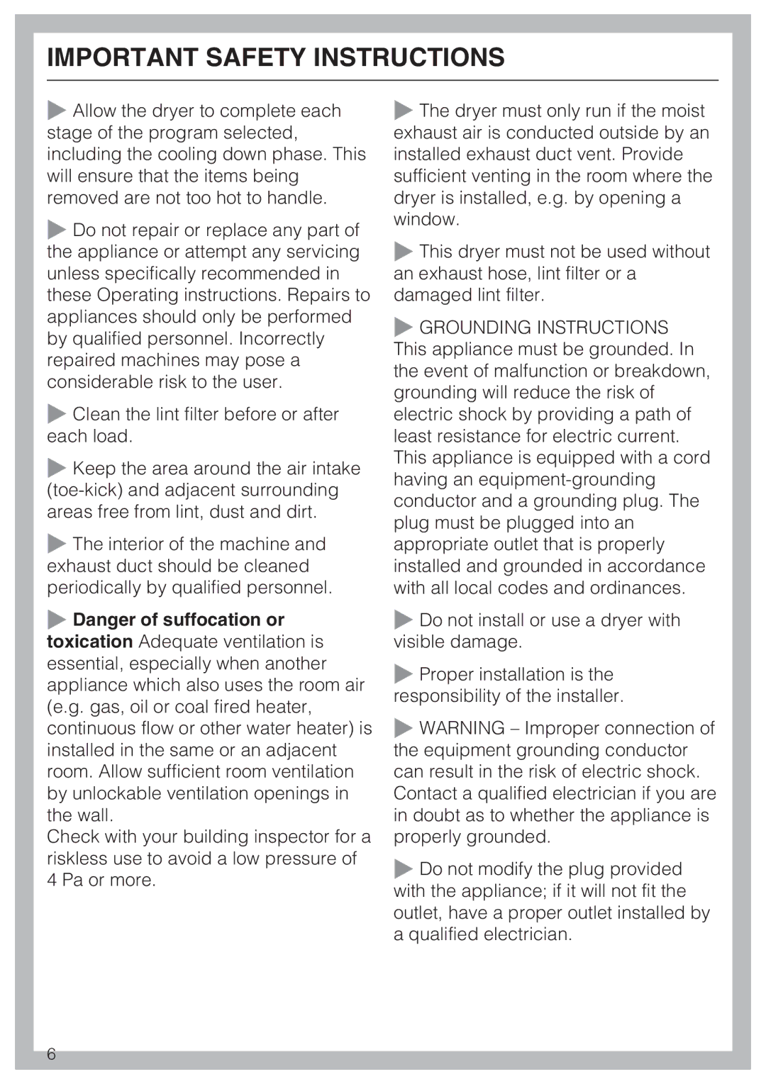 Miele T 9822 operating instructions Grounding Instructions 