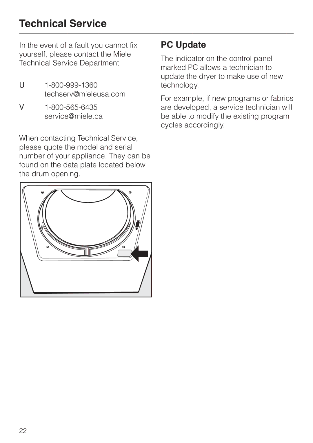 Miele T1322C operating instructions Technical Service, PC Update 