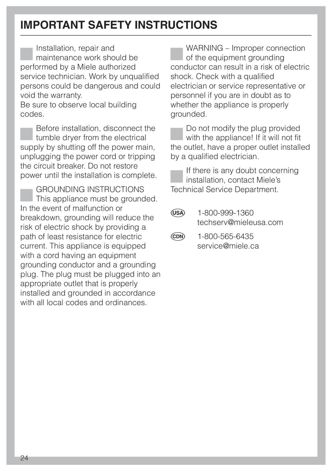 Miele T1322C operating instructions Important Safety Instructions 