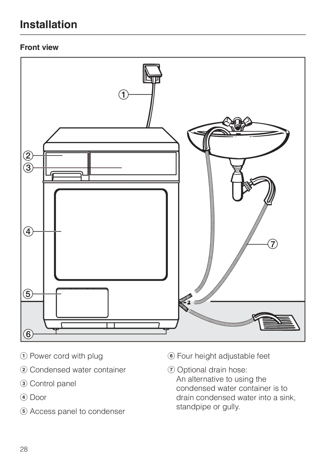 Miele T1322C operating instructions Installation, Front view 