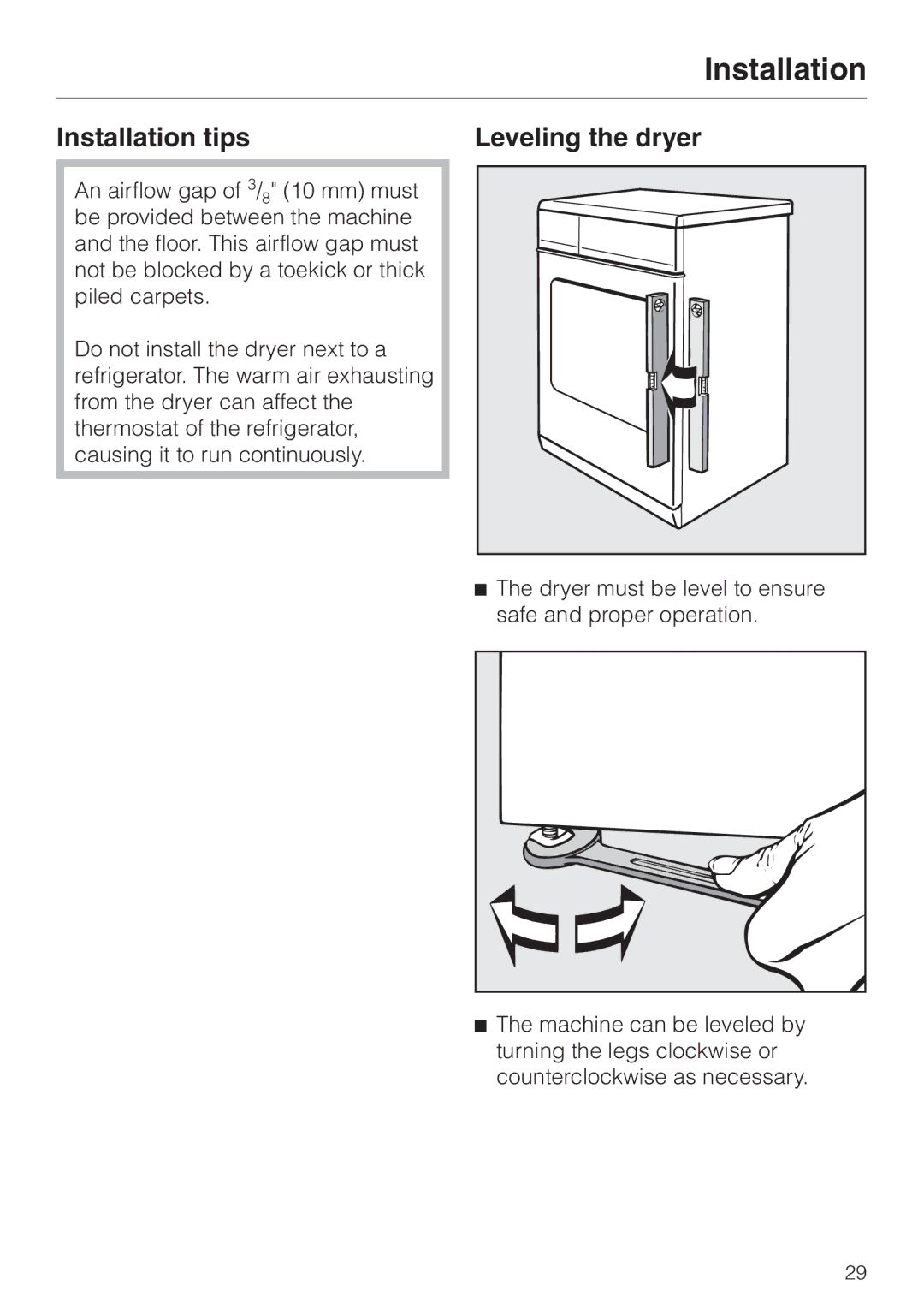 Miele T1322C operating instructions Installation tips Leveling the dryer 