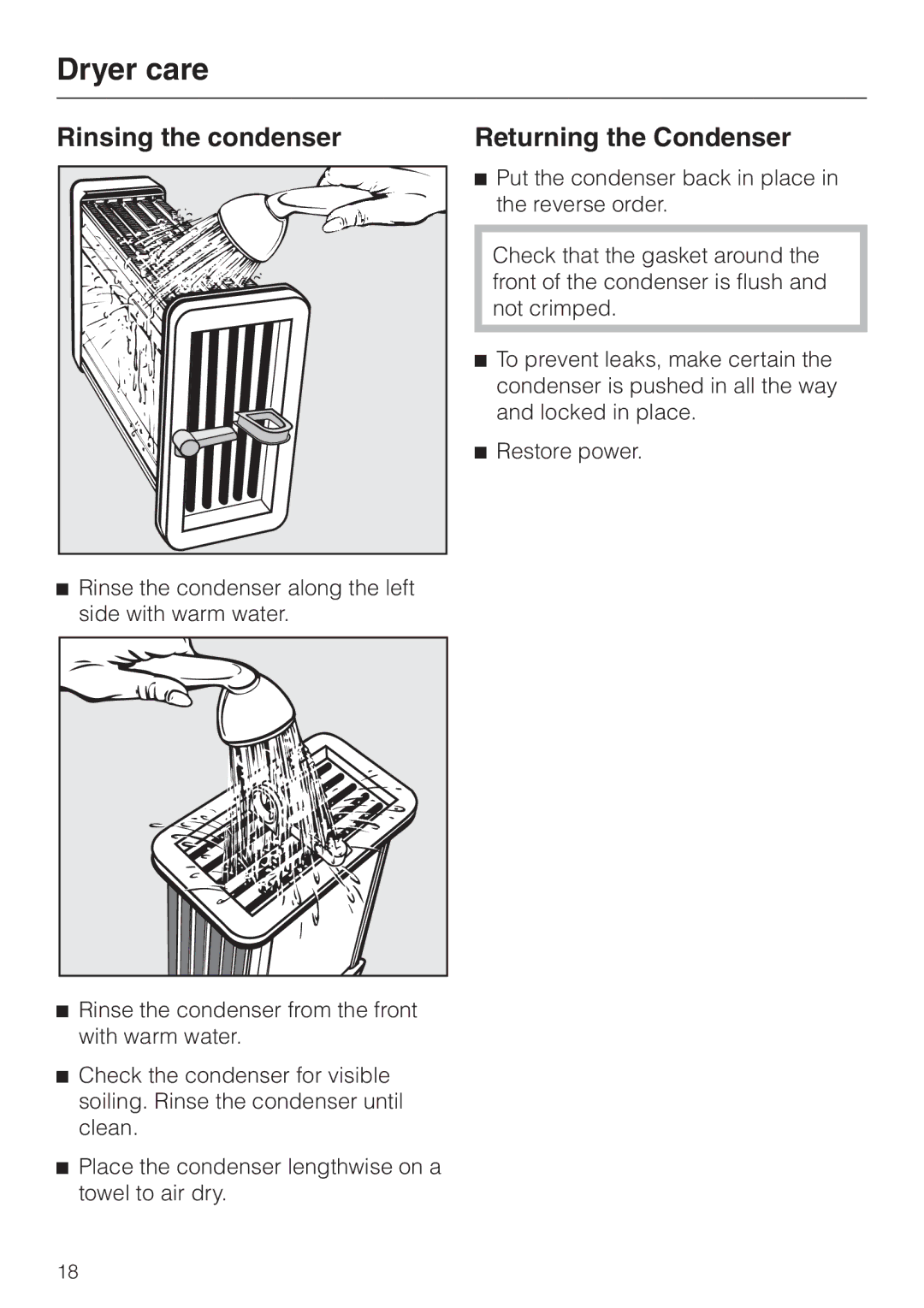 Miele T1323C operating instructions Rinsing the condenser, Returning the Condenser 