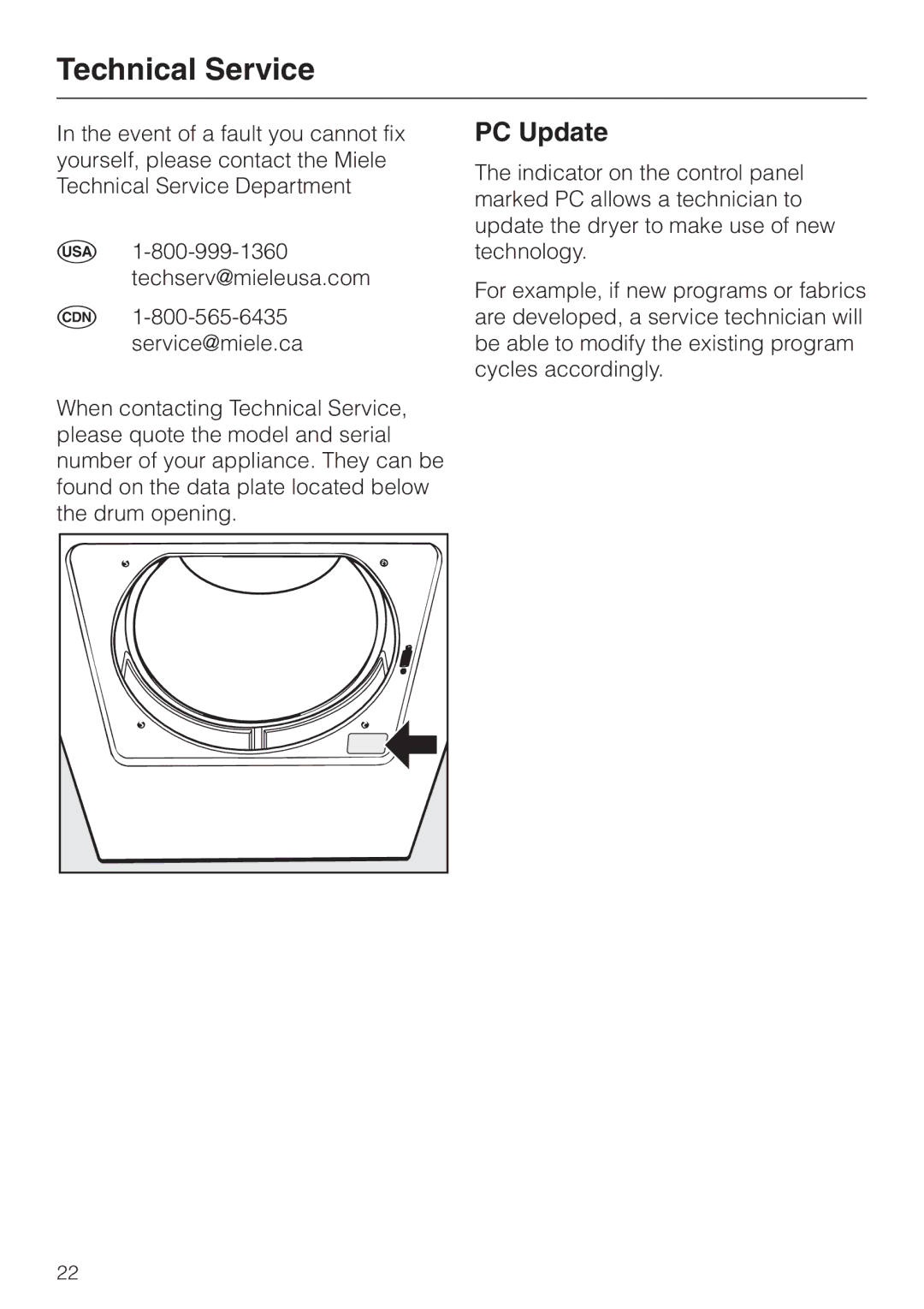 Miele T1323C operating instructions Technical Service, PC Update 