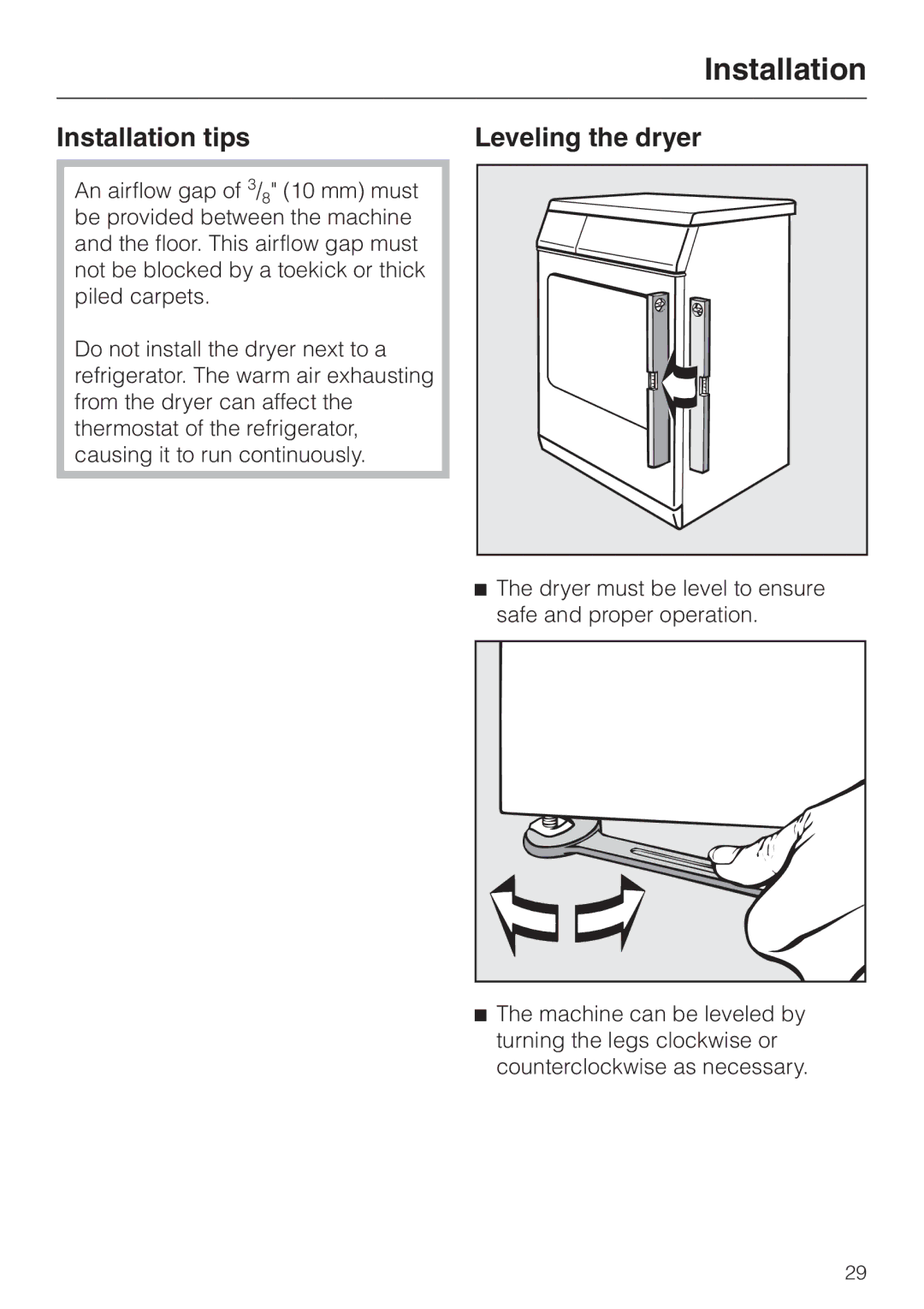 Miele T1323C operating instructions Installation tips Leveling the dryer 