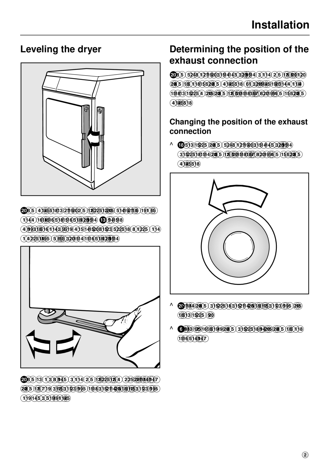 Miele T 1405, T1405 Installation, Leveling the dryer, Determining the position of the exhaust connection 