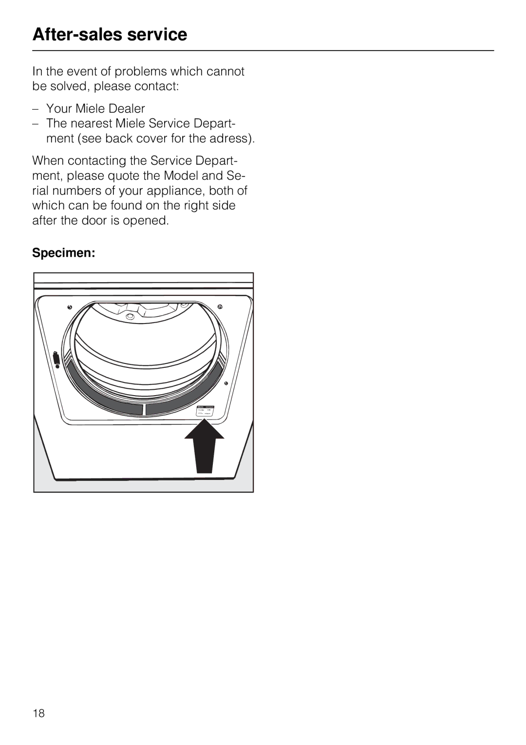 Miele T1520 operating instructions After-sales service, Specimen 