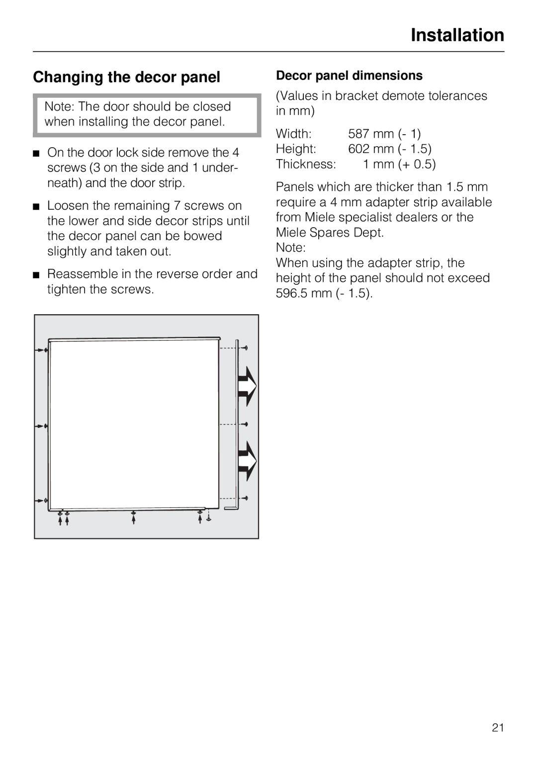 Miele T1520 operating instructions Changing the decor panel, Decor panel dimensions 