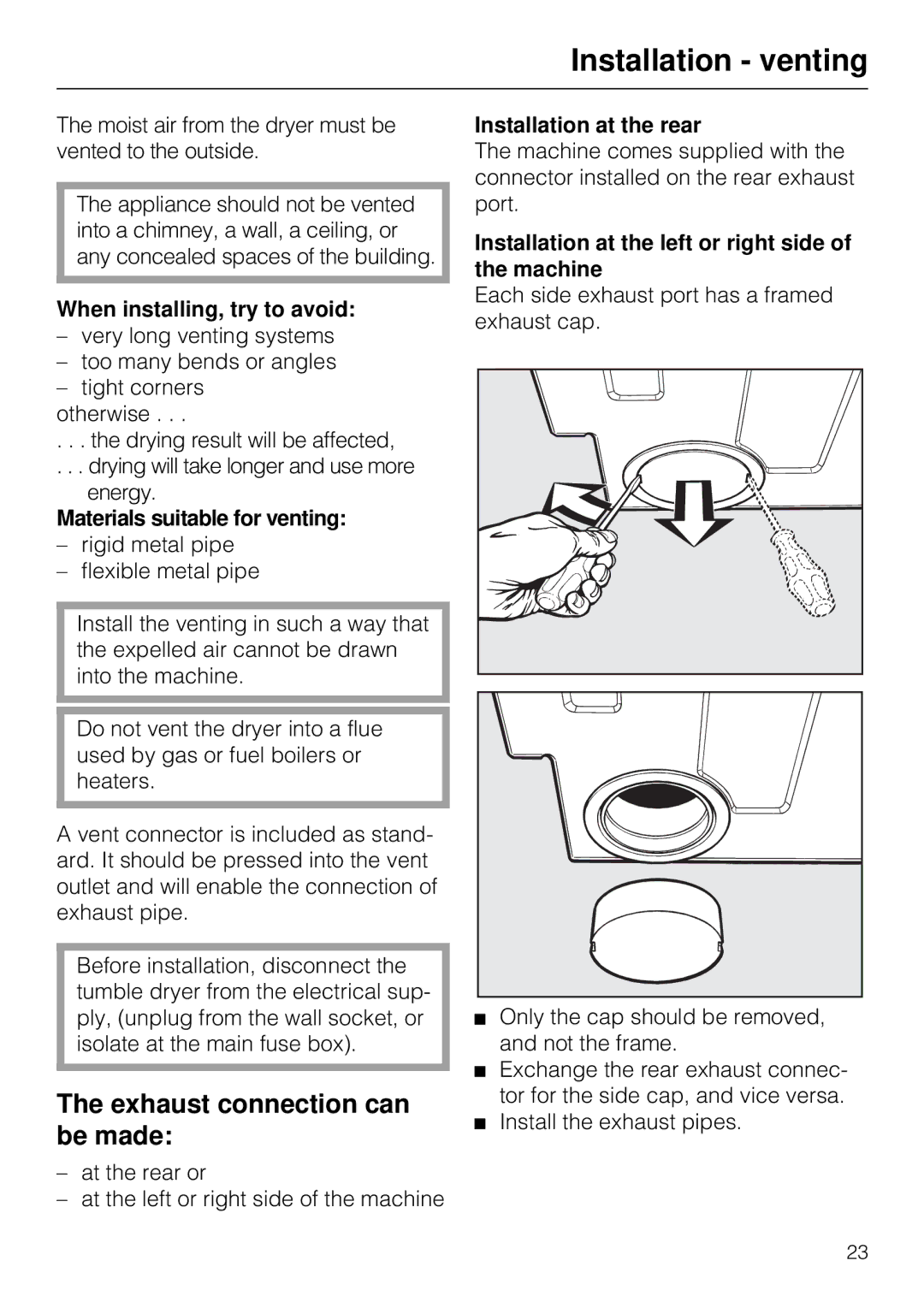 Miele T1520 operating instructions Installation venting, Exhaust connection can be made 