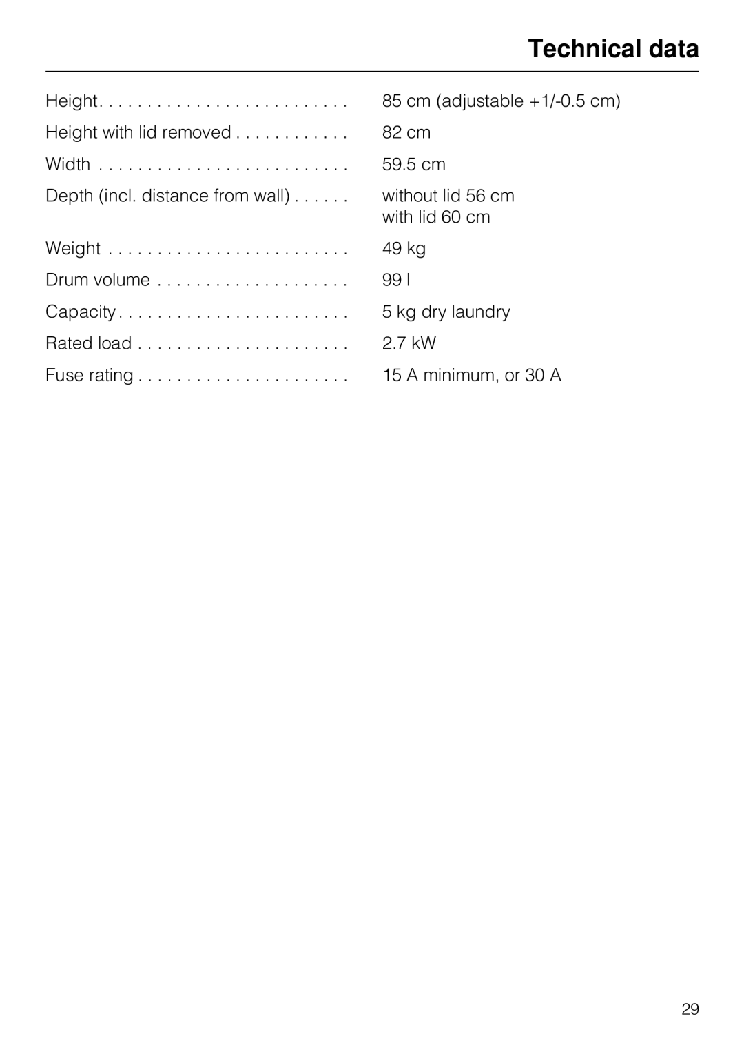 Miele T1520 operating instructions Technical data 