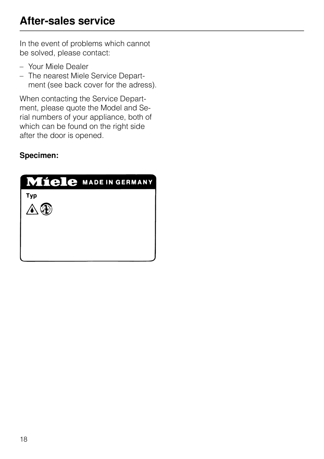 Miele T1526 operating instructions After-sales service, Specimen 