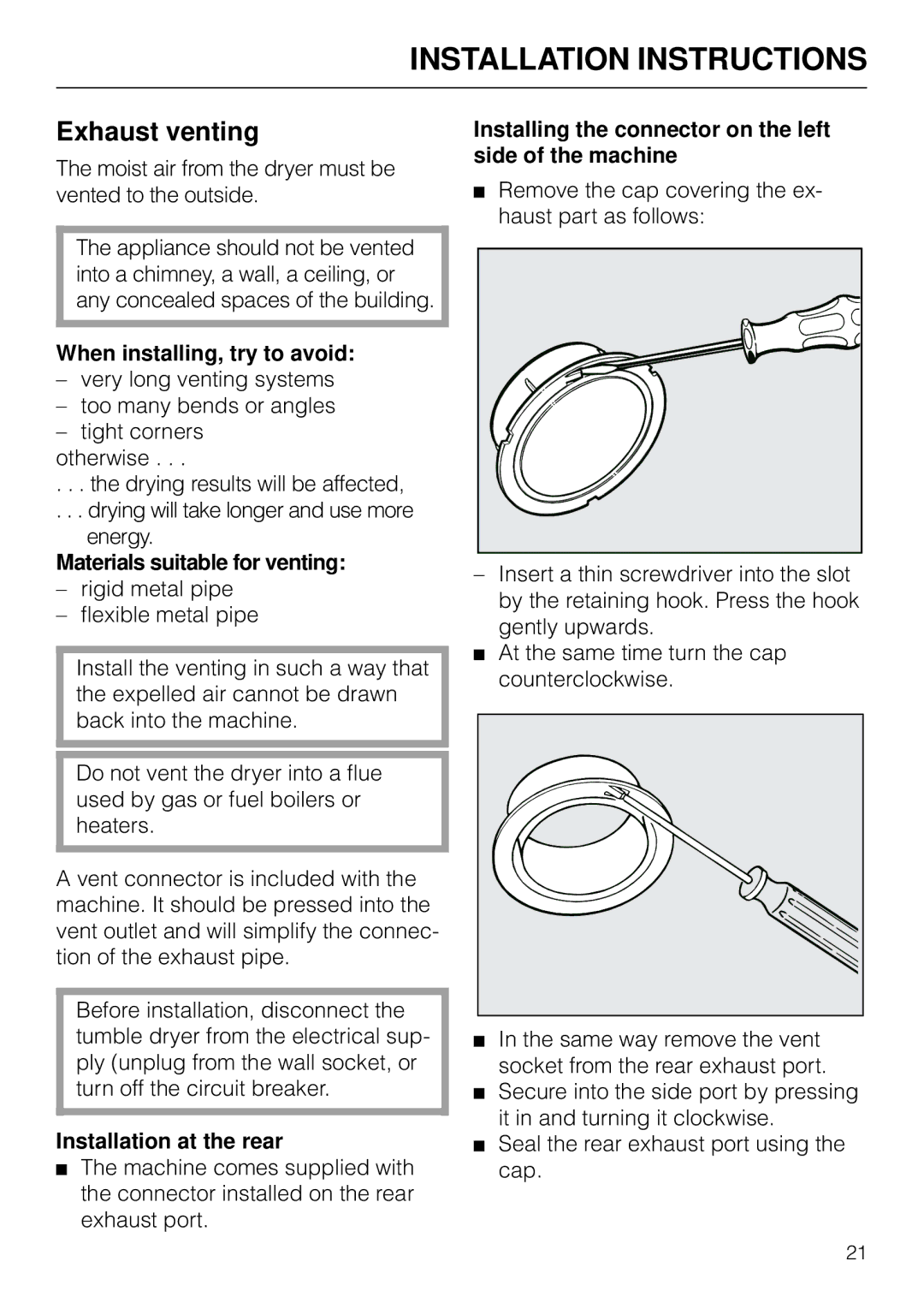 Miele T1526 Exhaust venting, When installing, try to avoid, Materials suitable for venting, Installation at the rear 