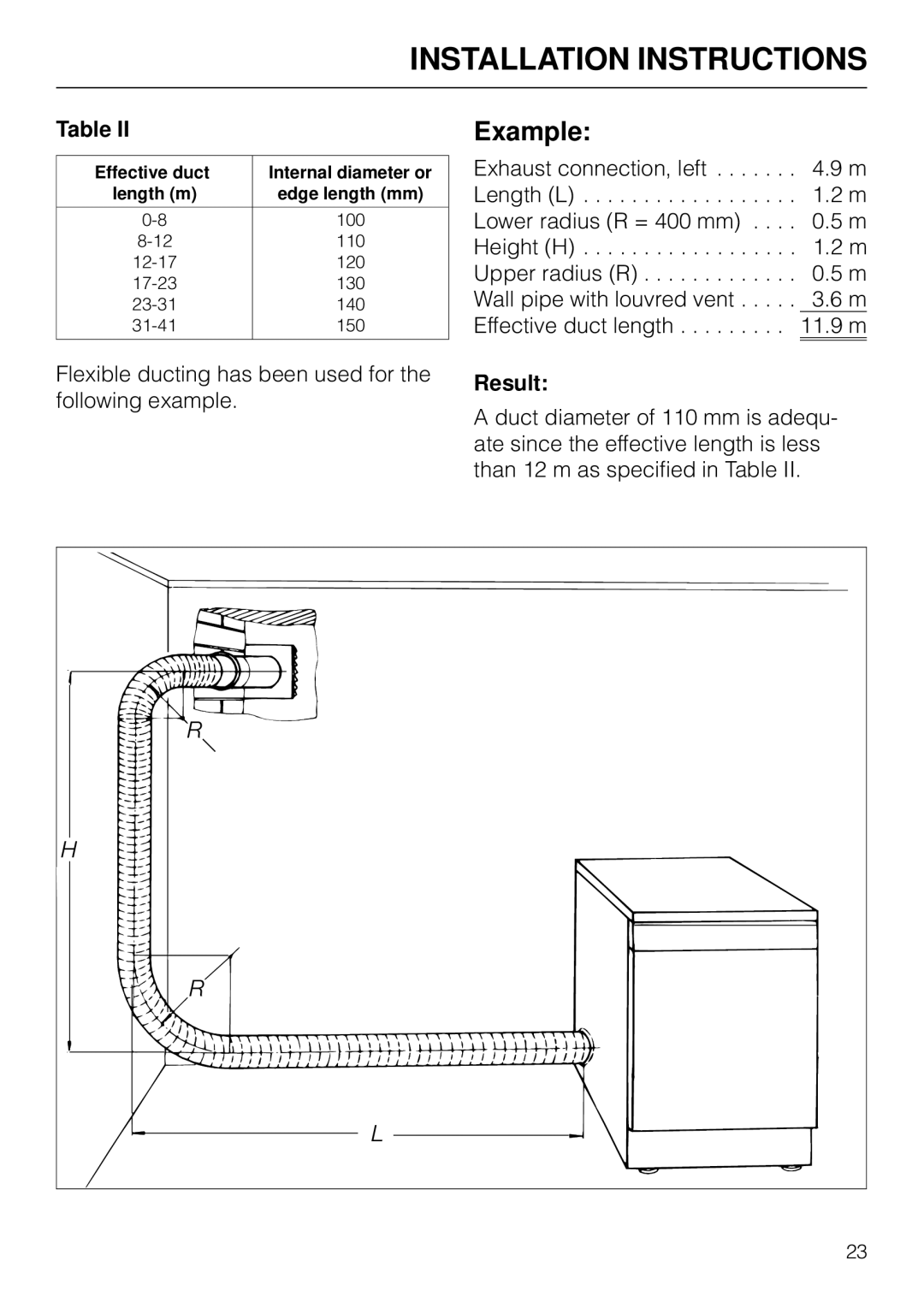 Miele T1526 operating instructions Example, Result, Effective duct 