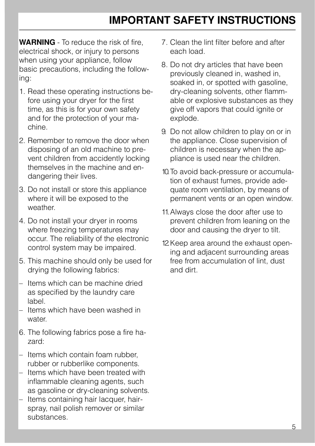 Miele T1526 operating instructions Important Safety Instructions 