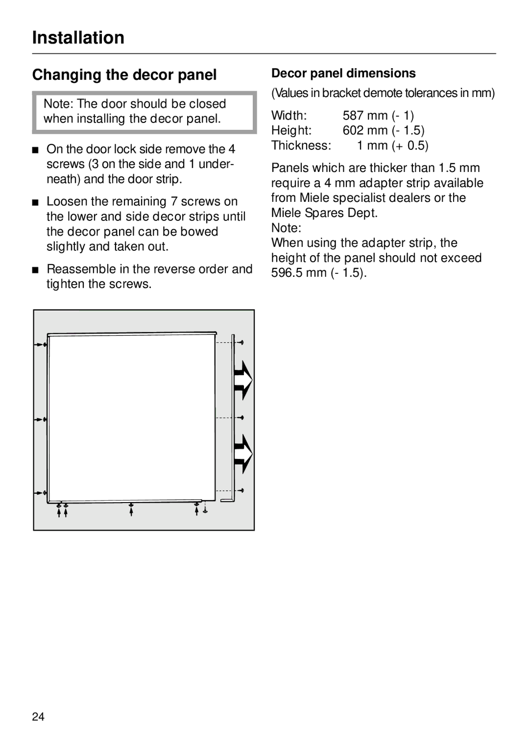 Miele T1570C operating instructions Changing the decor panel, Decor panel dimensions 