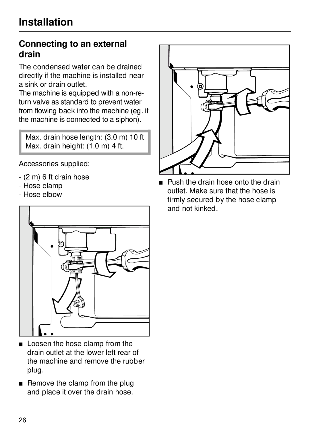 Miele T1570C operating instructions Connecting to an external drain 