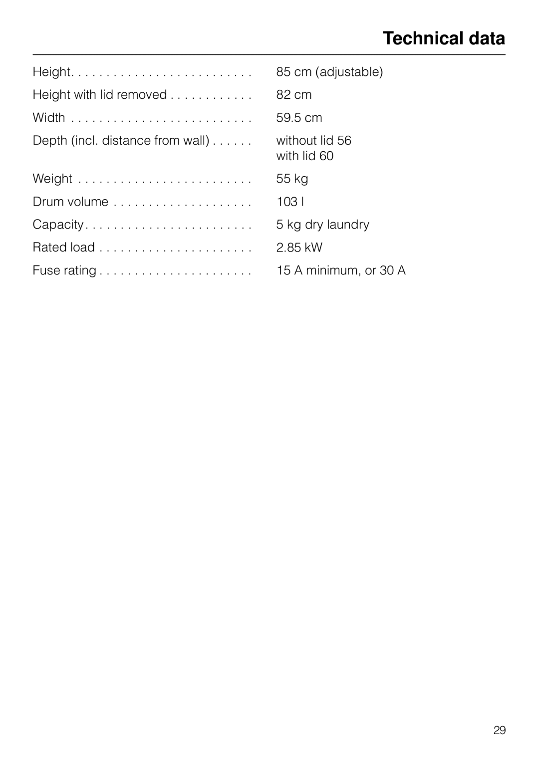 Miele T1570C operating instructions Technical data 