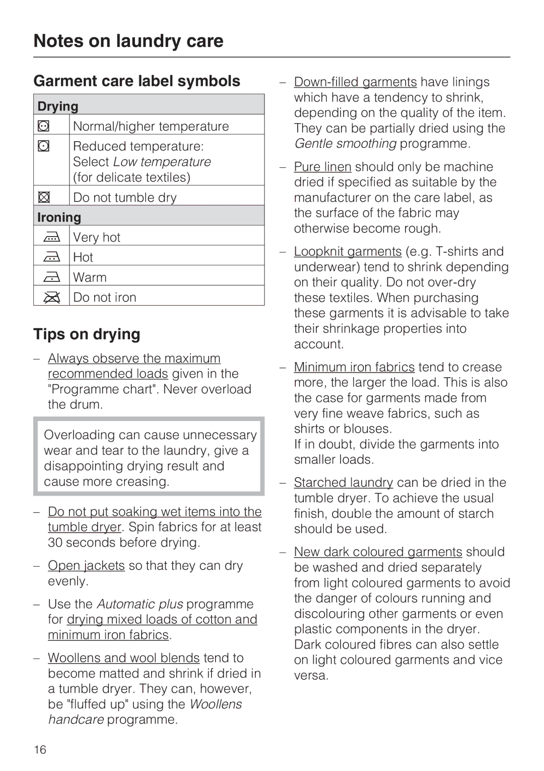 Miele T4819Ci operating instructions Garment care label symbols, Tips on drying, Drying, Ironing 