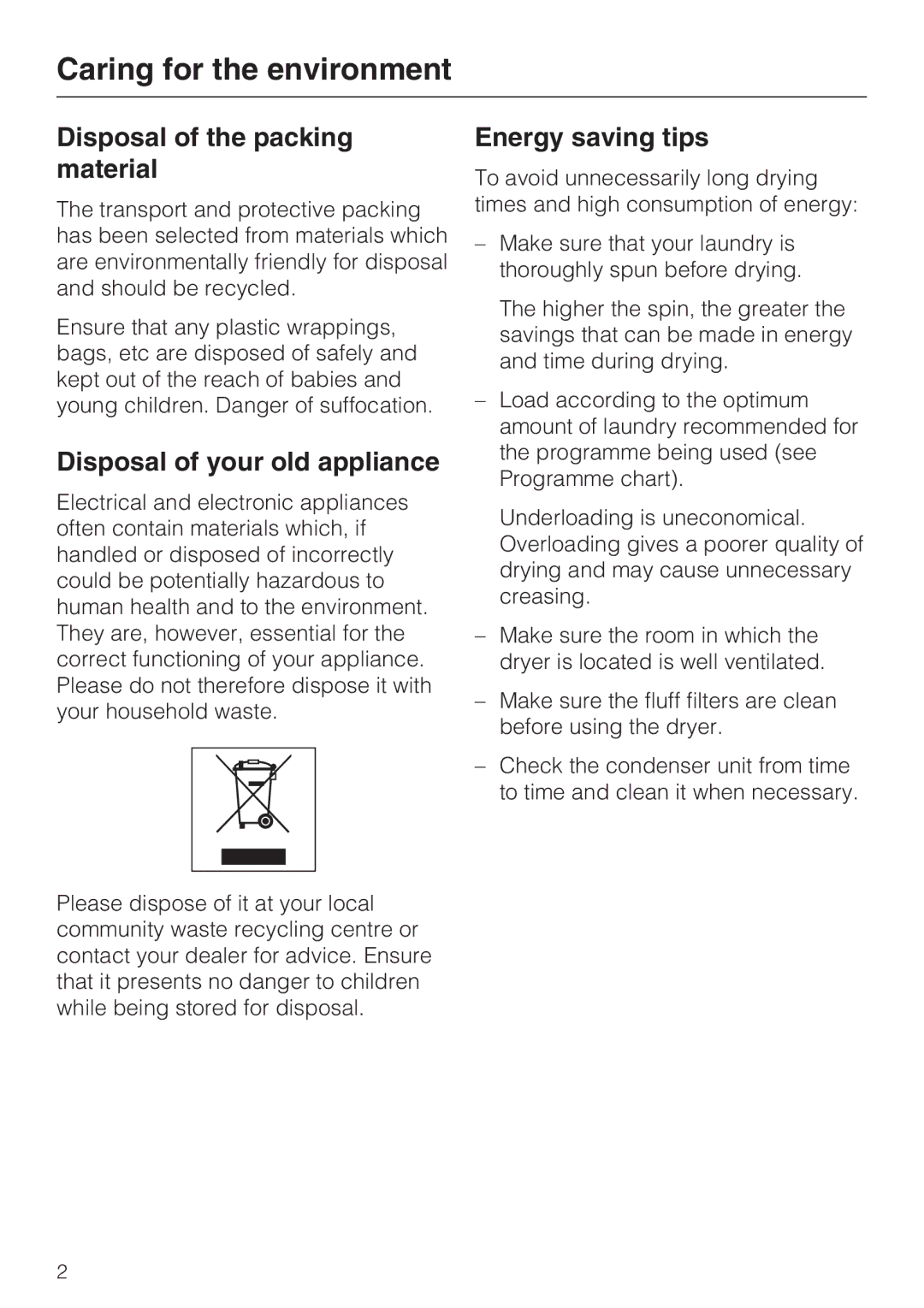 Miele T4819Ci Caring for the environment, Disposal of the packing material, Disposal of your old appliance 