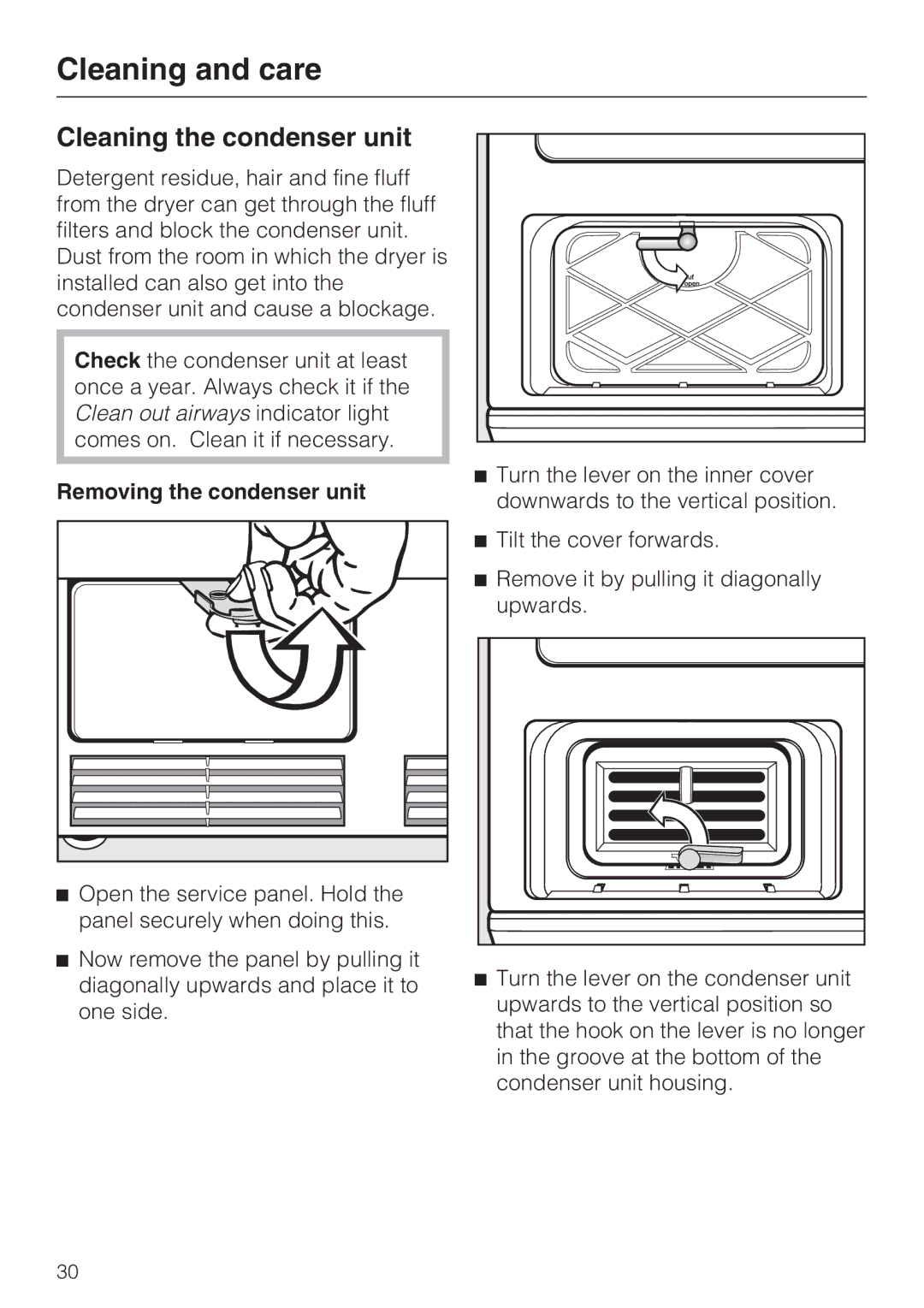 Miele T4819Ci operating instructions Cleaning the condenser unit, Removing the condenser unit 