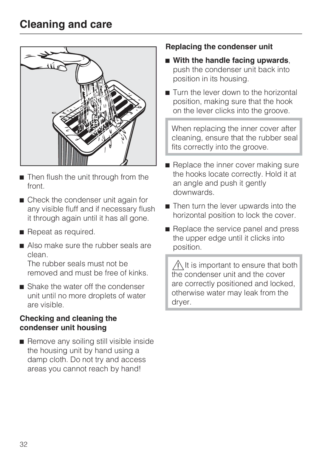 Miele T4819Ci operating instructions Checking and cleaning the condenser unit housing 