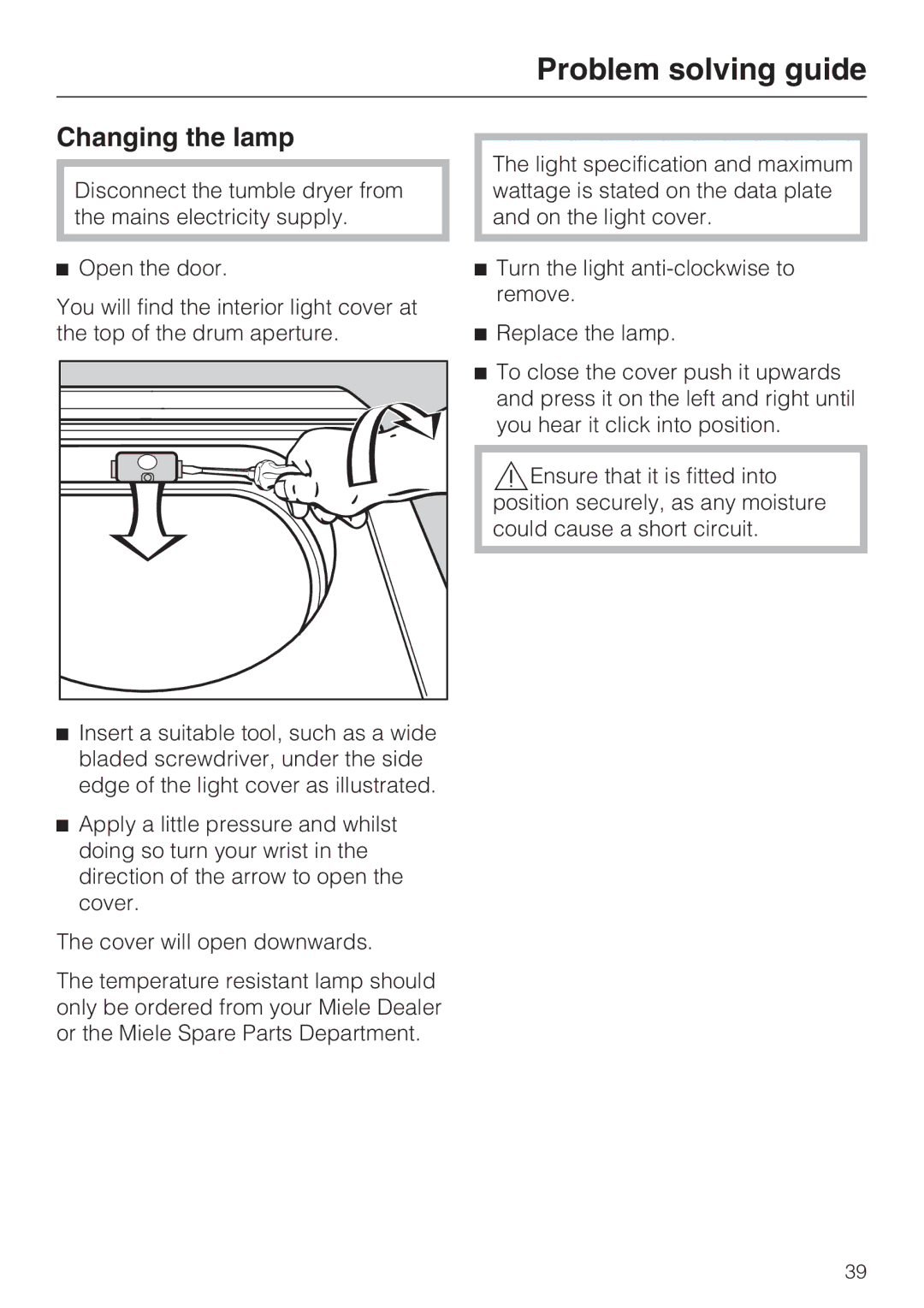 Miele T4819Ci operating instructions Changing the lamp 