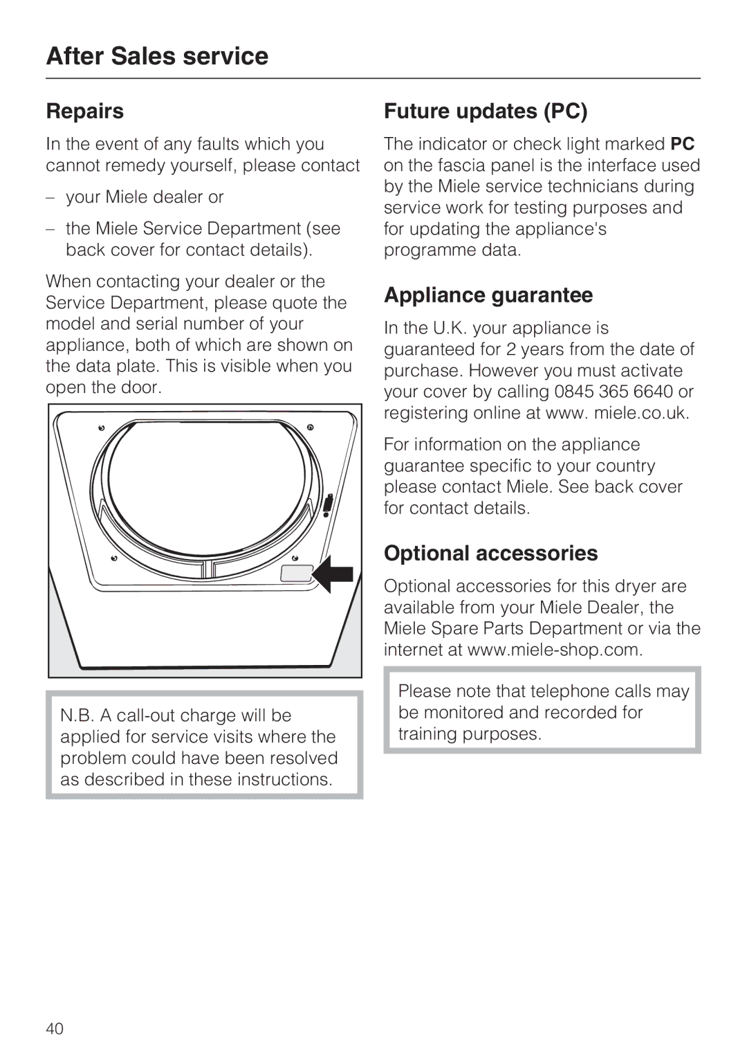 Miele T4819Ci After Sales service, Repairs, Future updates PC, Appliance guarantee, Optional accessories 