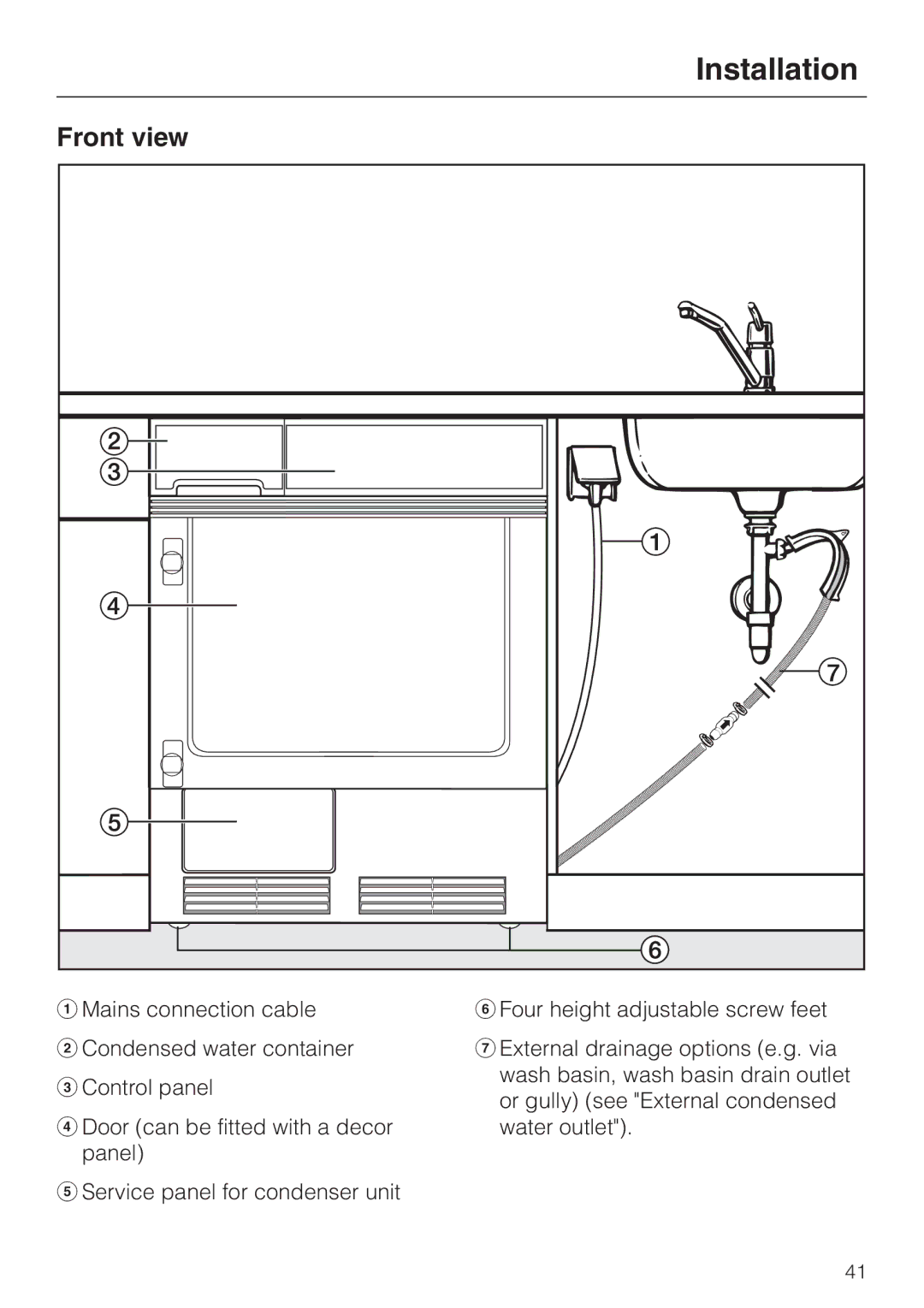 Miele T4819Ci operating instructions Installation, Front view 