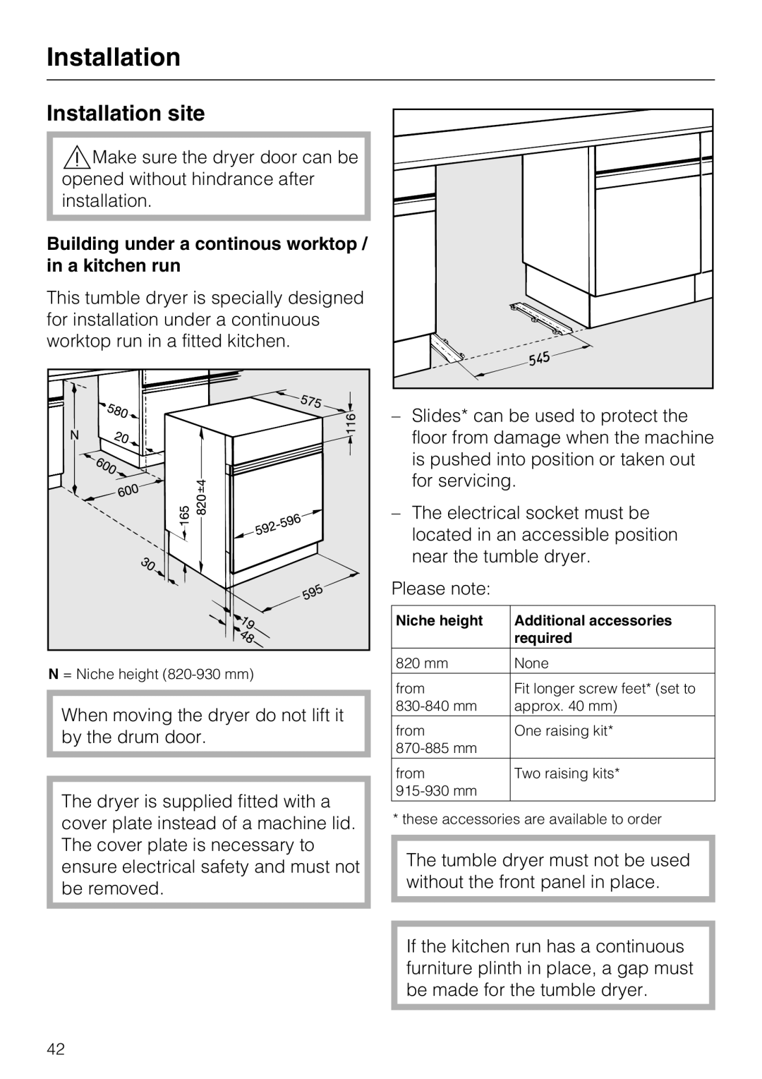 Miele T4819Ci operating instructions Installation site, Building under a continous worktop / in a kitchen run 