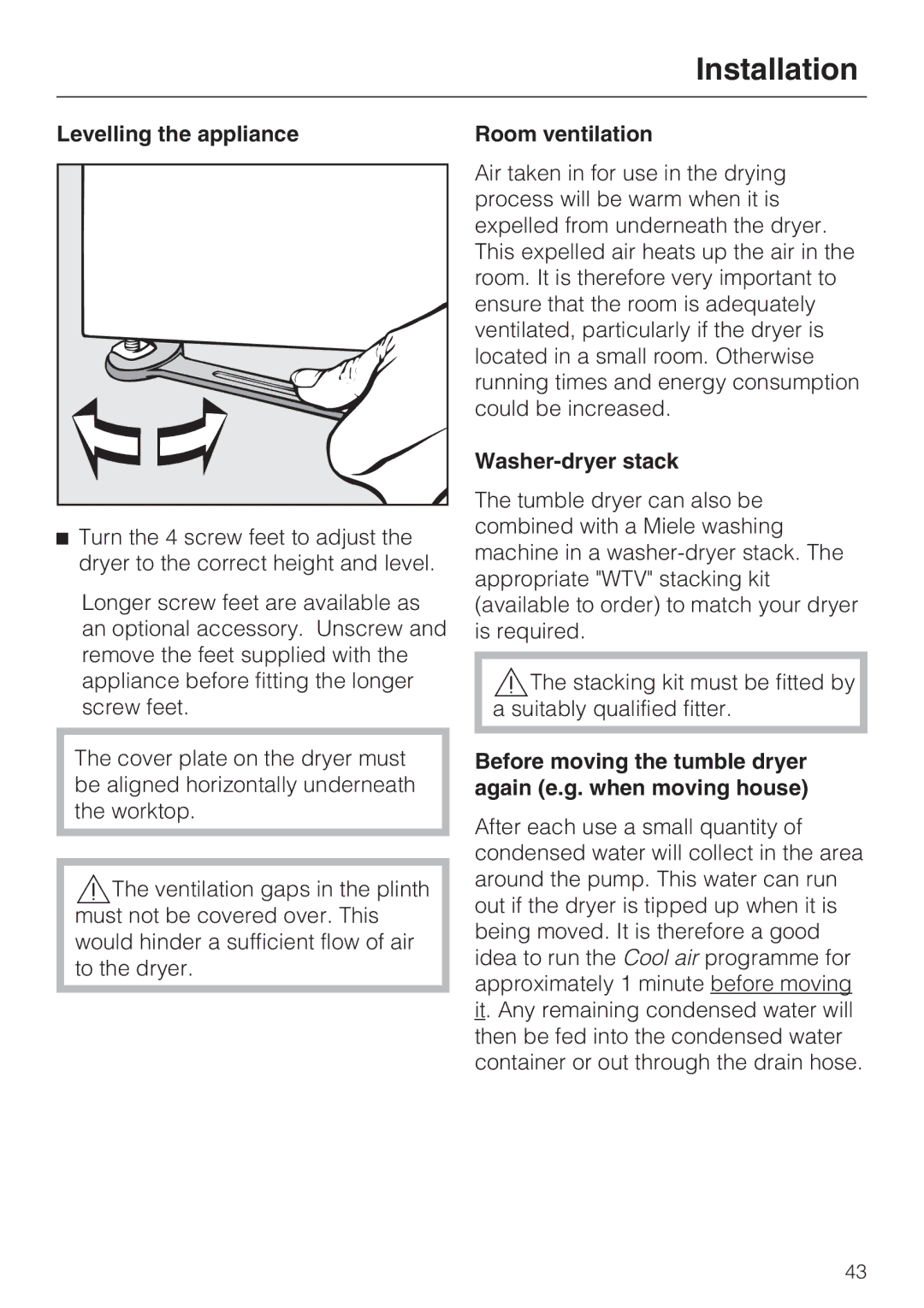 Miele T4819Ci operating instructions Levelling the appliance Room ventilation, Washer-dryer stack 