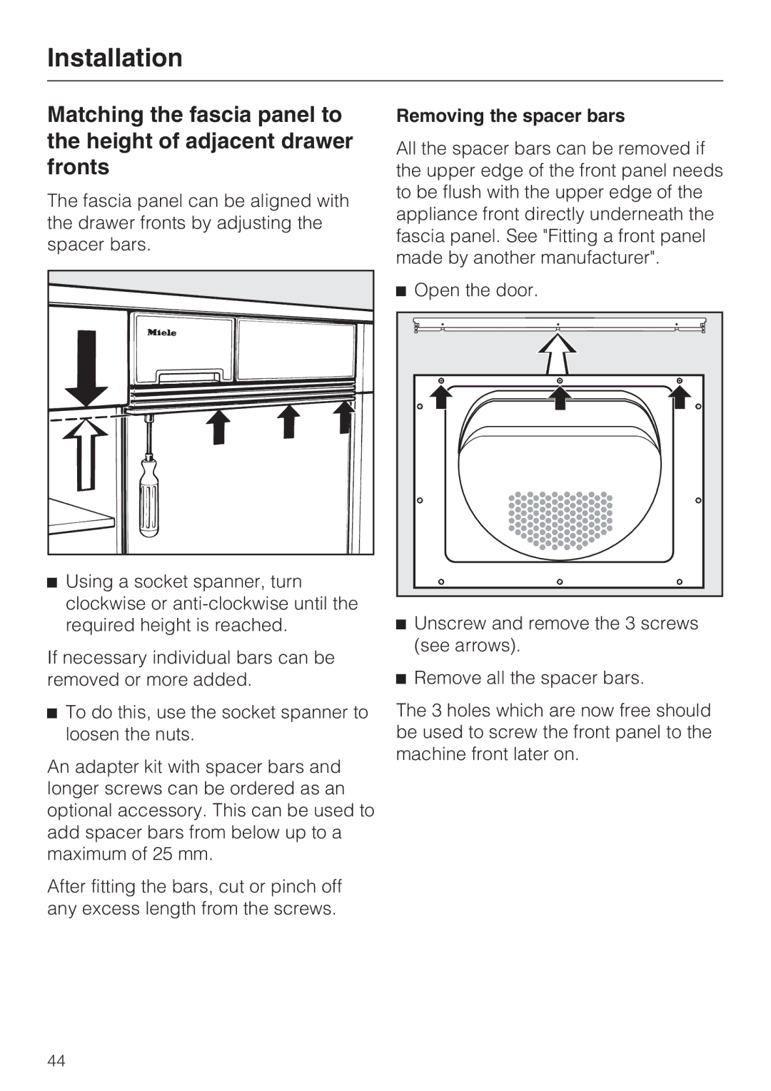 Miele T4819Ci operating instructions Removing the spacer bars 