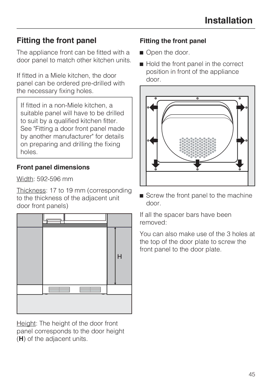 Miele T4819Ci operating instructions Fitting the front panel, Front panel dimensions 