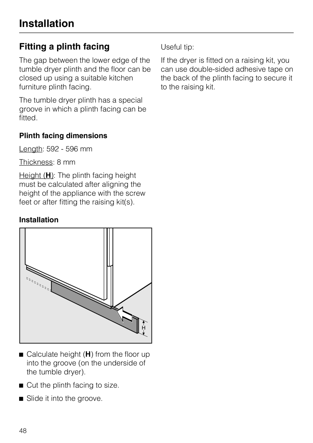 Miele T4819Ci operating instructions Fitting a plinth facing, Plinth facing dimensions, Installation 