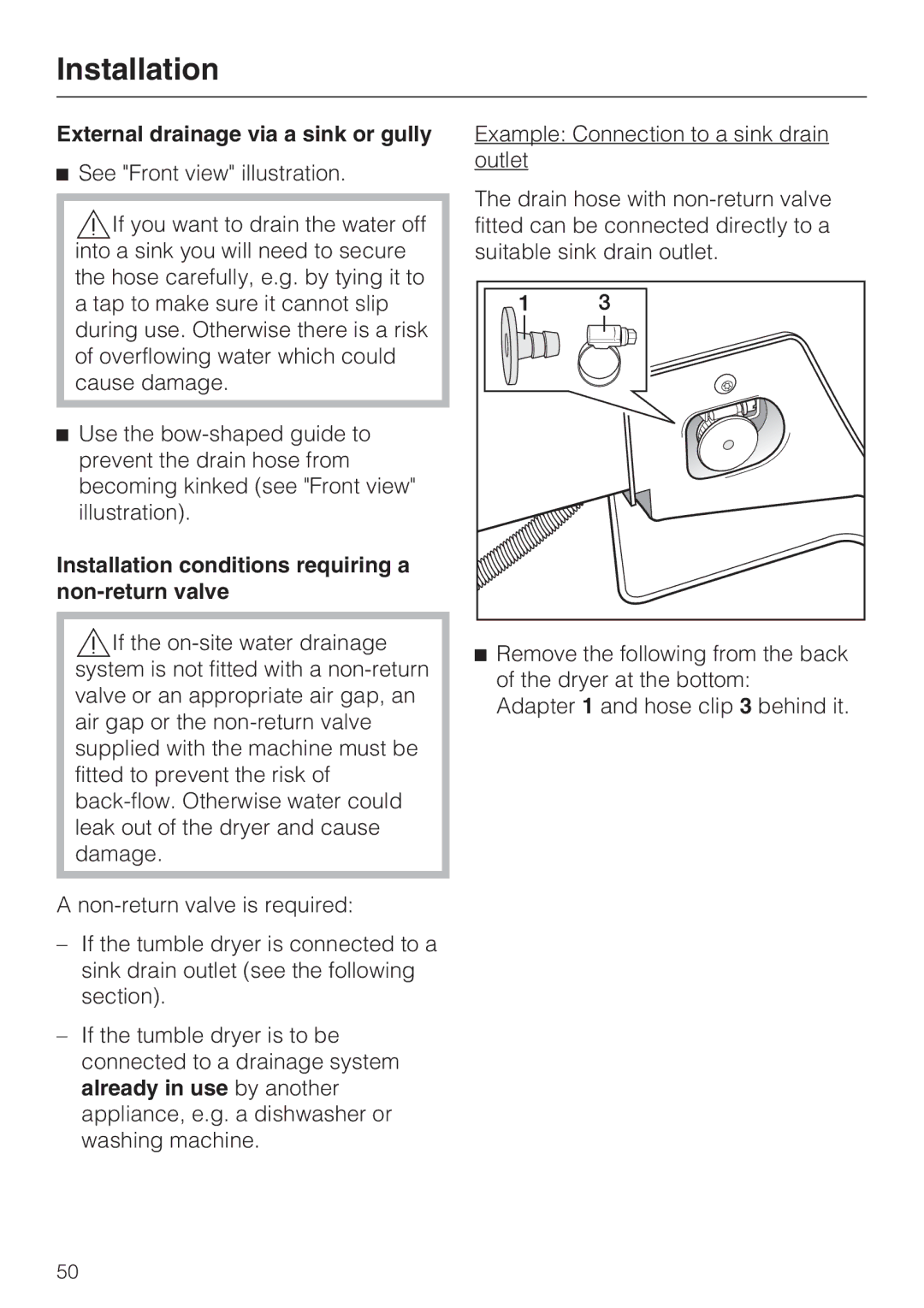 Miele T4819Ci External drainage via a sink or gully, Installation conditions requiring a non-return valve 