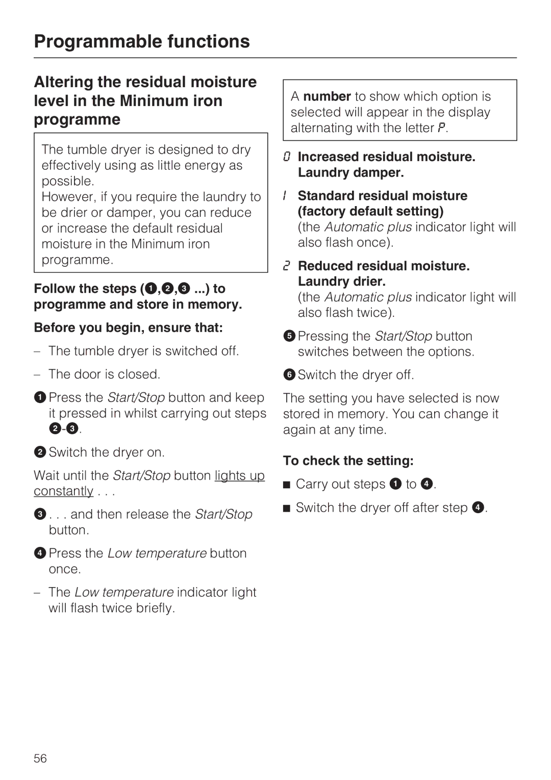 Miele T4819Ci operating instructions Programmable functions 