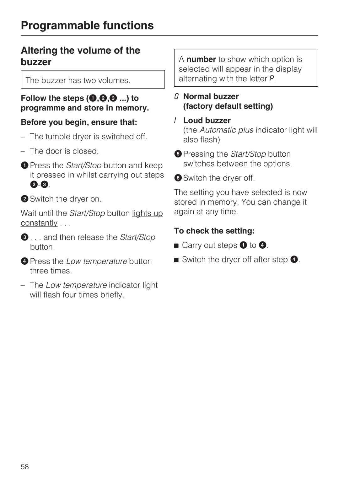 Miele T4819Ci operating instructions Altering the volume of the buzzer, Normal buzzer Factory default setting Loud buzzer 