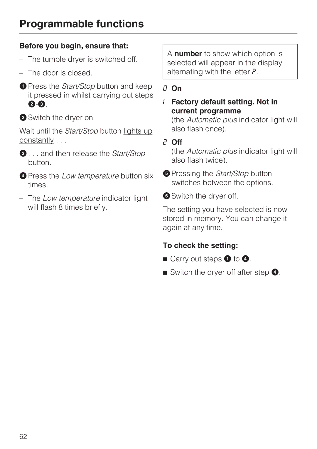 Miele T4819Ci operating instructions Factory default setting. Not in current programme 