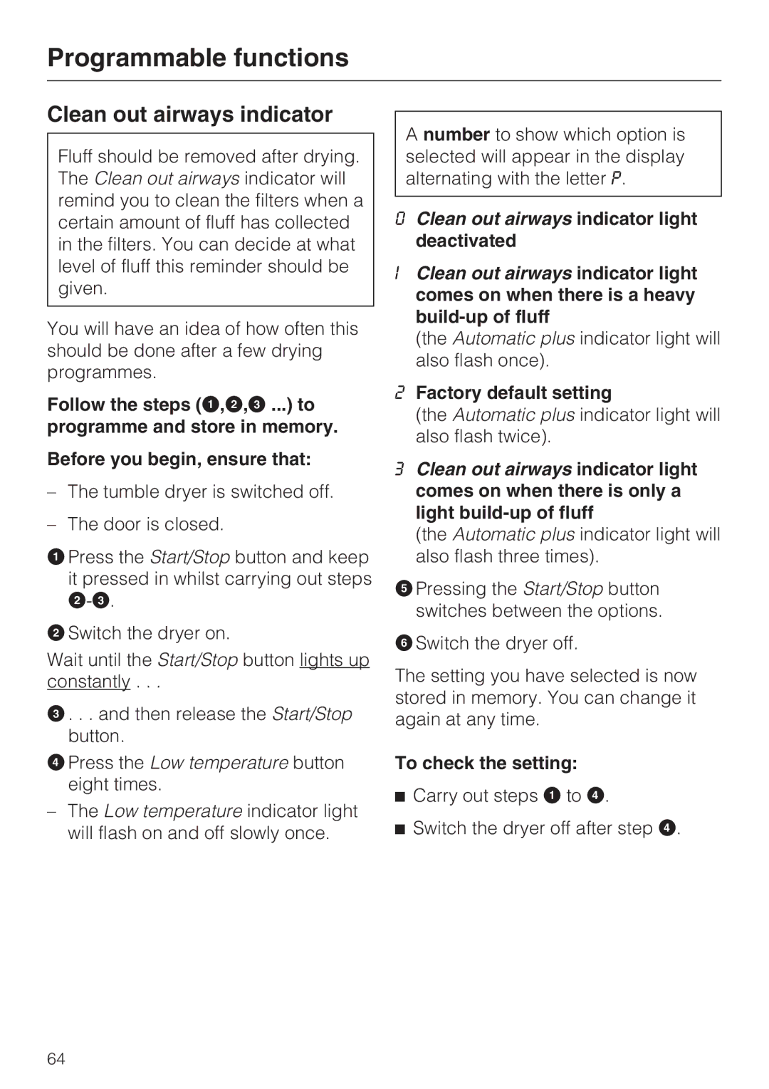 Miele T4819Ci operating instructions Clean out airways indicator, Factory default setting 