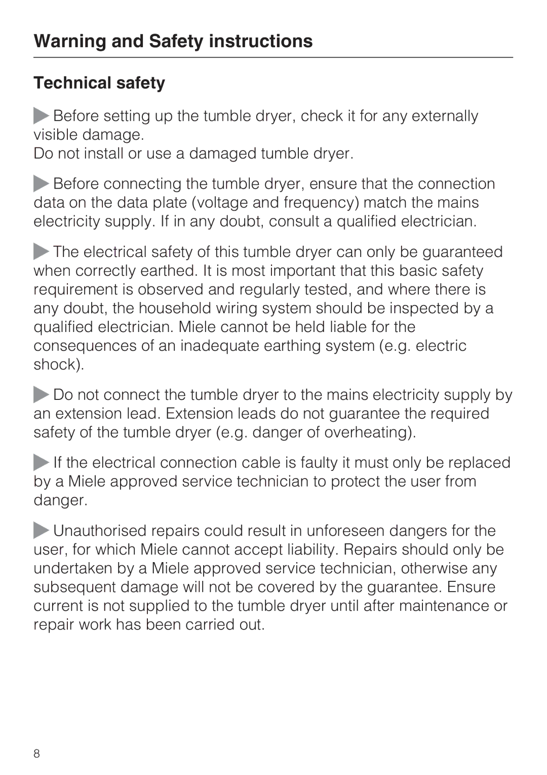 Miele T4819Ci operating instructions Technical safety 