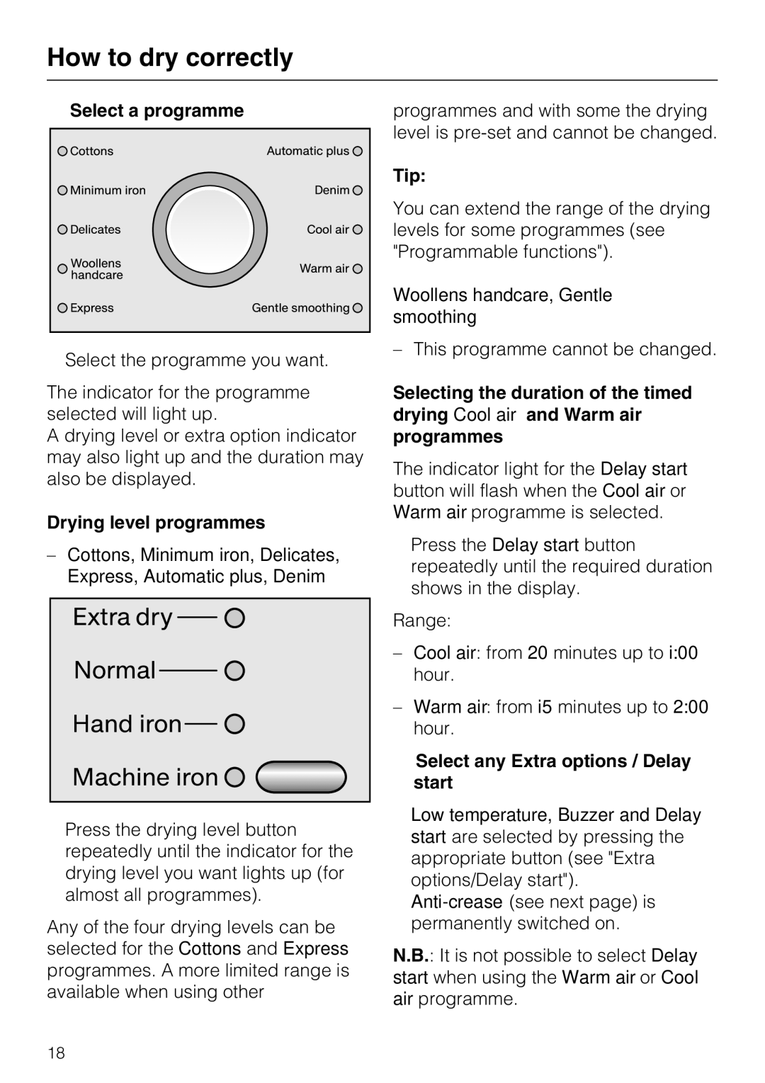 Miele T7944C Select a programme, Drying level programmes, Tip, Select any Extra options / Delay start 