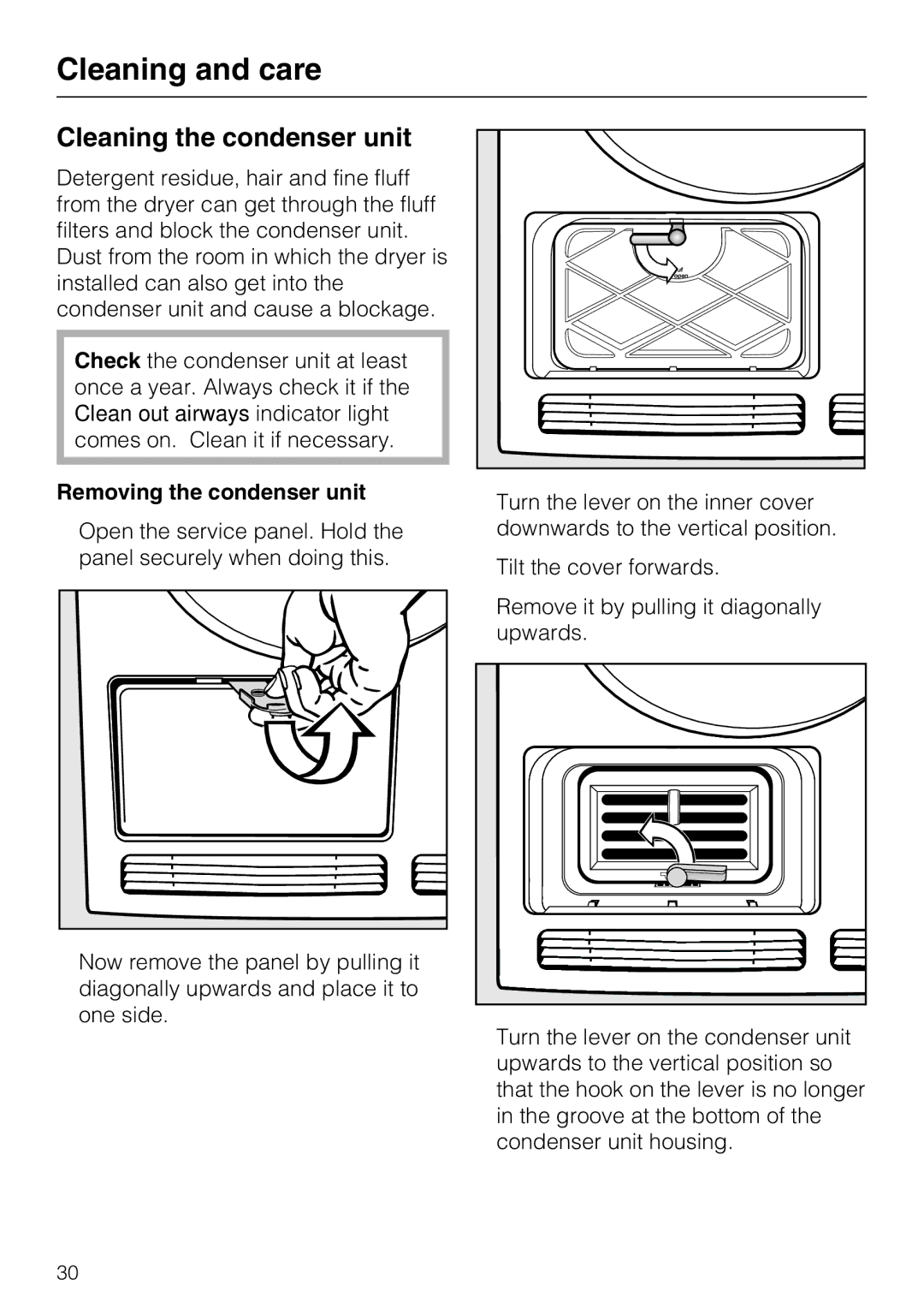 Miele T7944C operating instructions Cleaning the condenser unit, Removing the condenser unit 