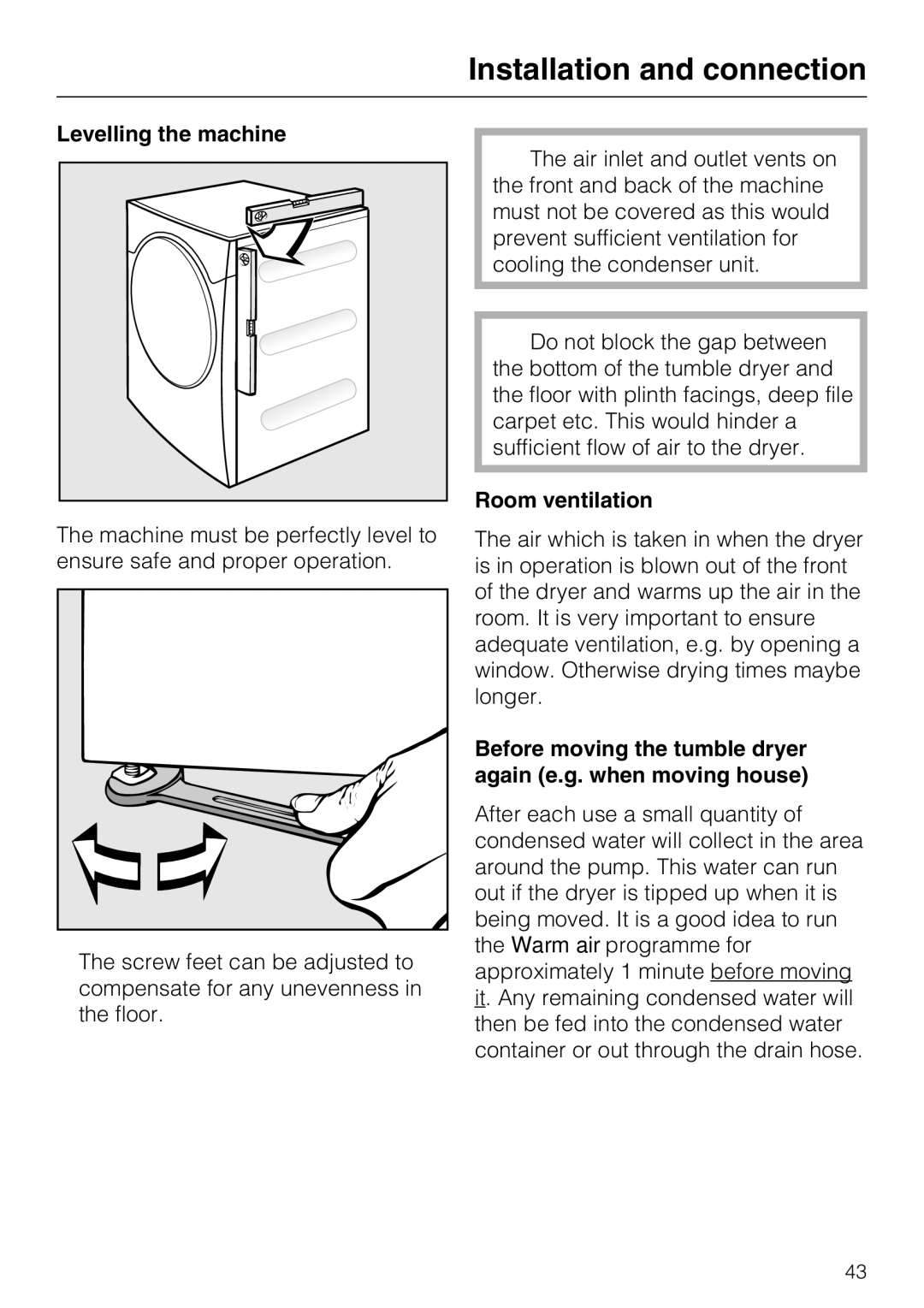 Miele T7944C Levelling the machine, Room ventilation, Before moving the tumble dryer again e.g. when moving house 