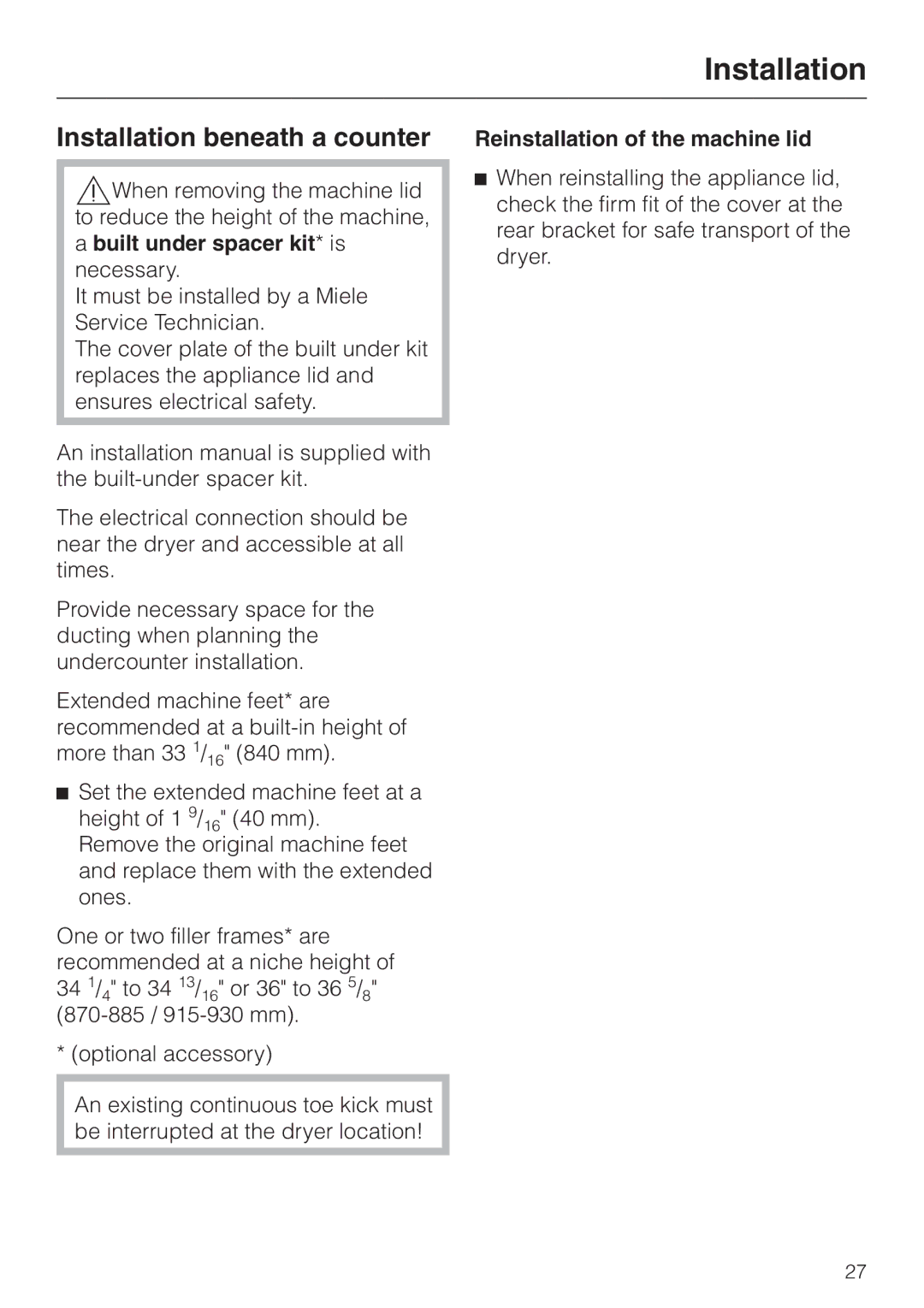 Miele T8005, T8002, T8003 installation instructions Installation beneath a counter, Reinstallation of the machine lid 