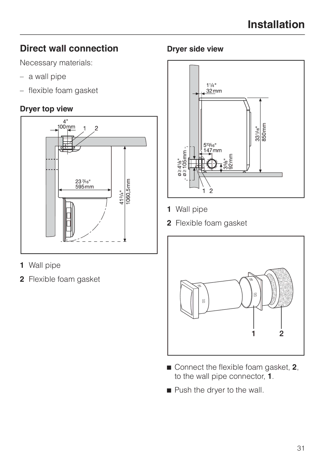 Miele T8003, T8002, T8005 installation instructions Direct wall connection, Dryer top view 