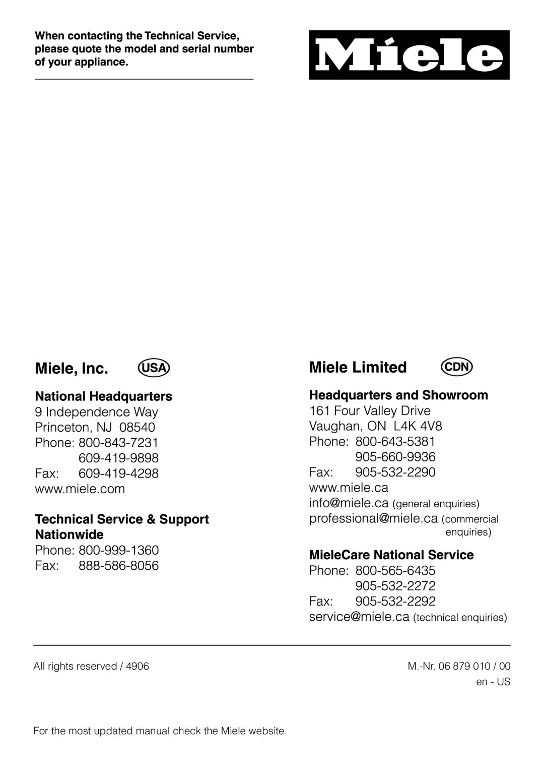 Miele T8005, T8002, T8003 installation instructions All rights reserved 