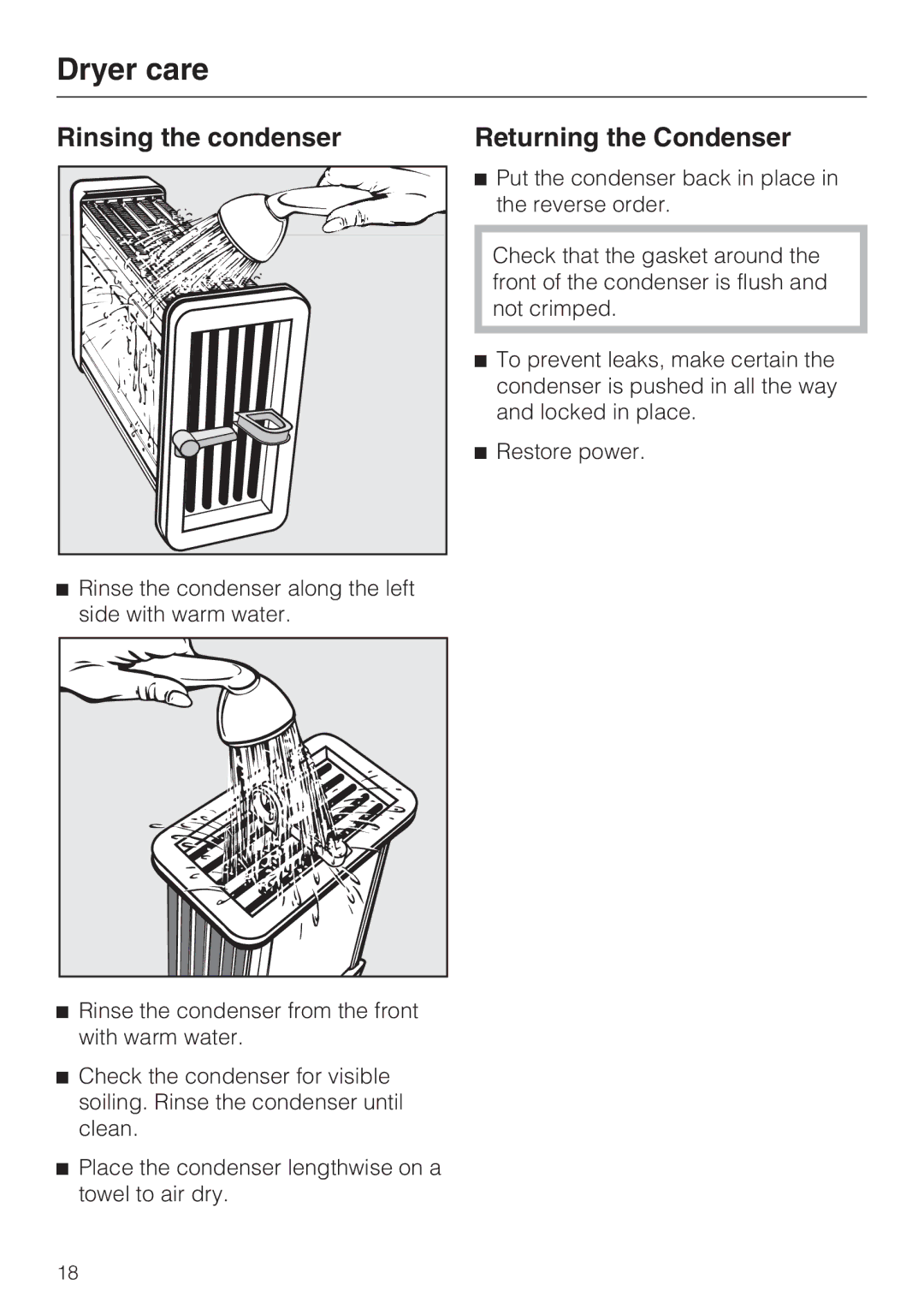 Miele T8012C, T8013C installation instructions Rinsing the condenser Returning the Condenser 