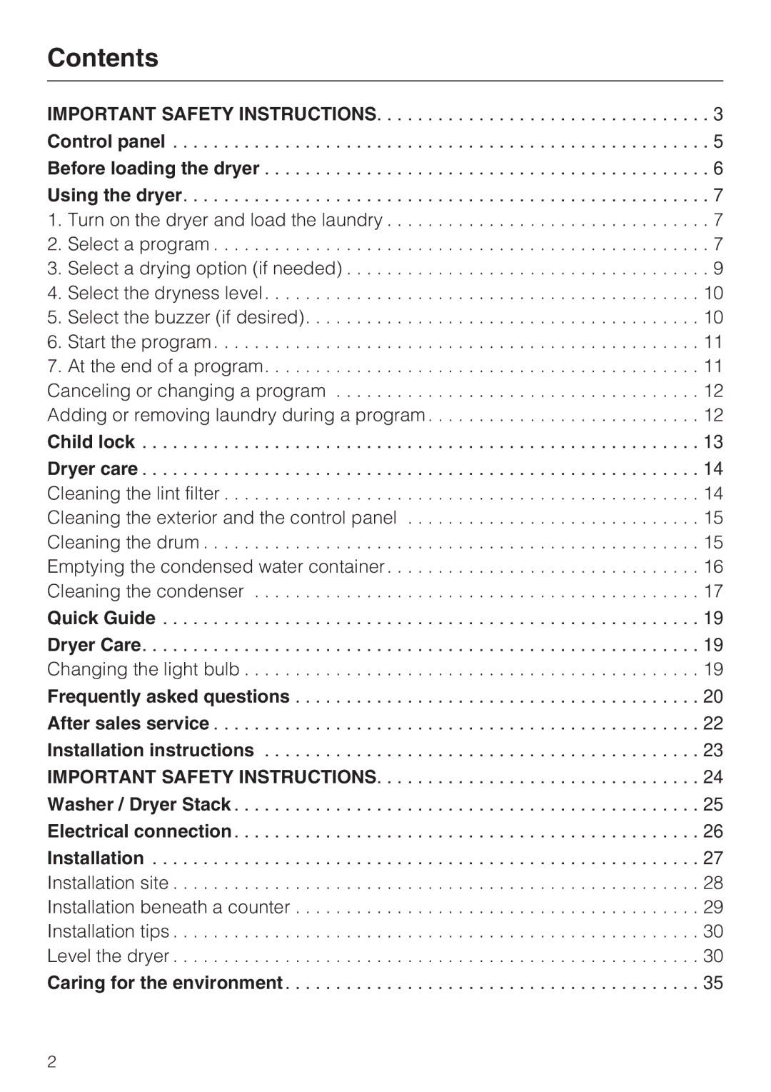 Miele T8012C, T8013C installation instructions Contents 