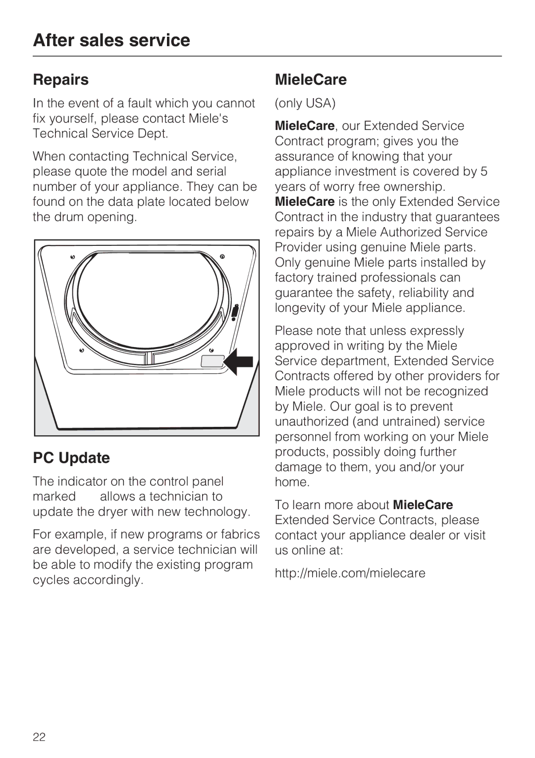 Miele T8012C, T8013C installation instructions After sales service, Repairs, PC Update, MieleCare 